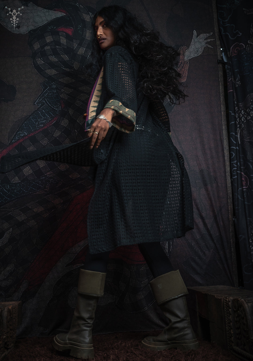 Open Kimono / Net Jaquard Border - Black NAGALAND